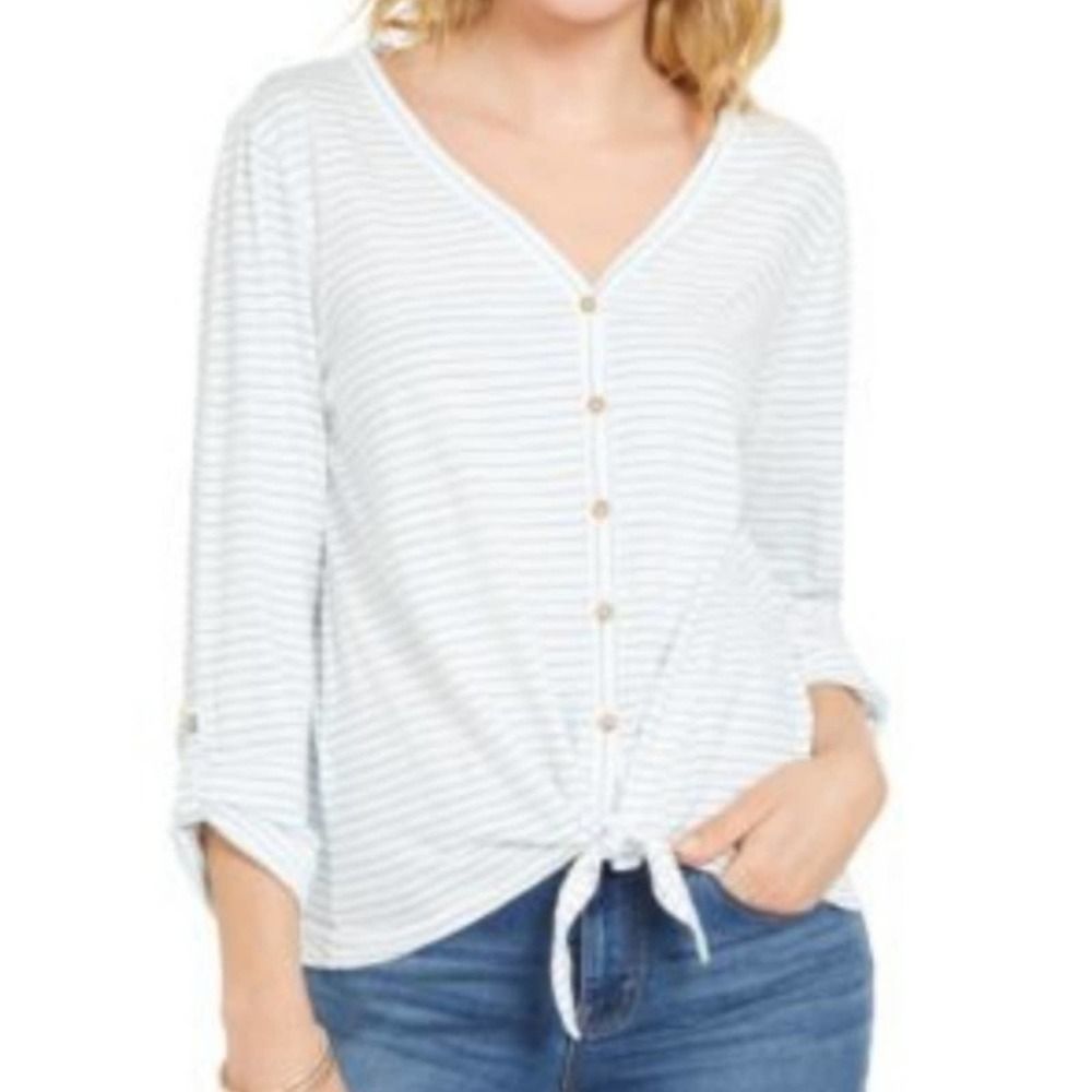 Style & Co Striped Tie Front Cotton Top Large
